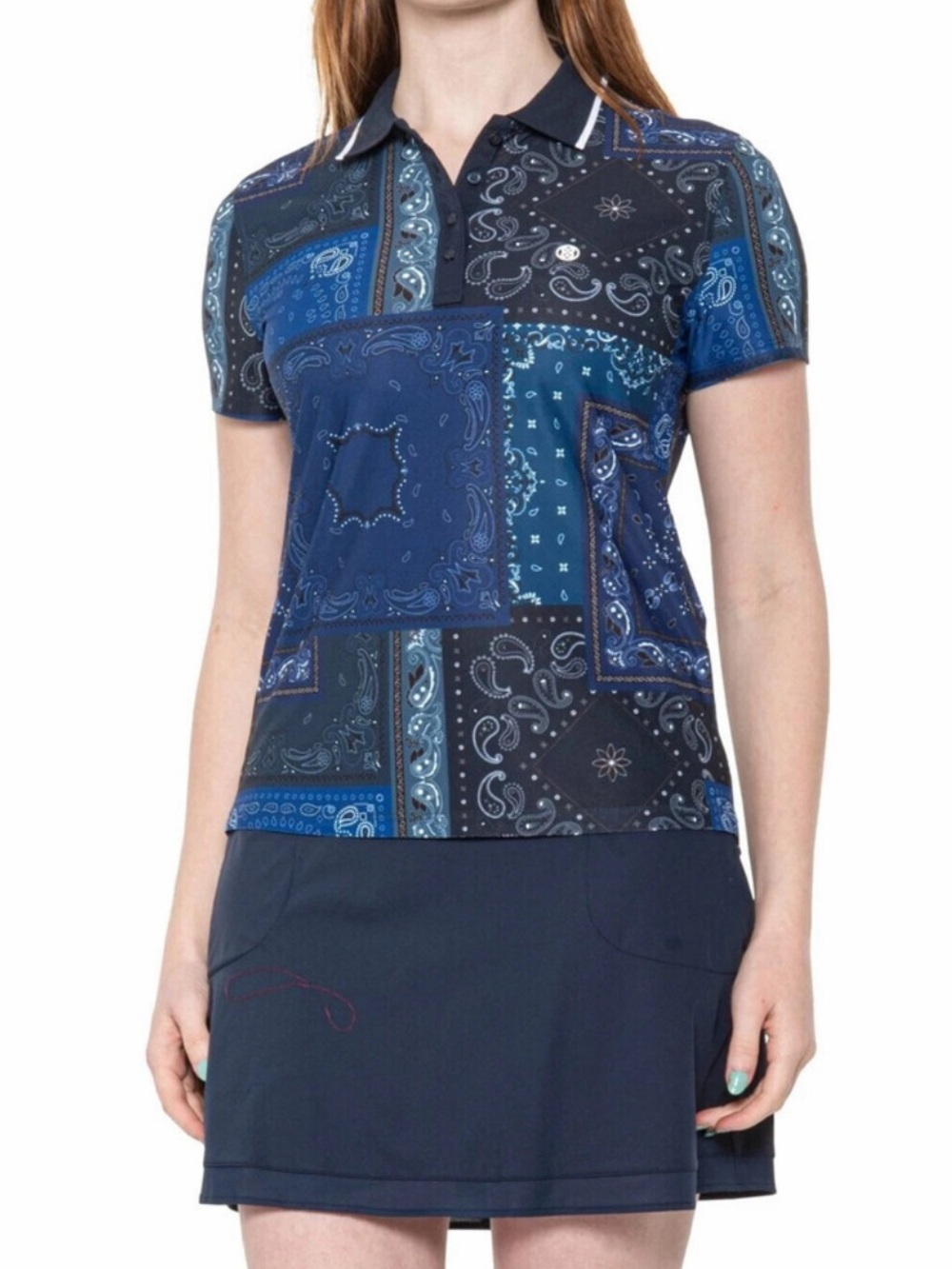 G/FORE Bandana Print Tech Piqué Golf Polo Shirt Blue NWT Size Small Athleisure